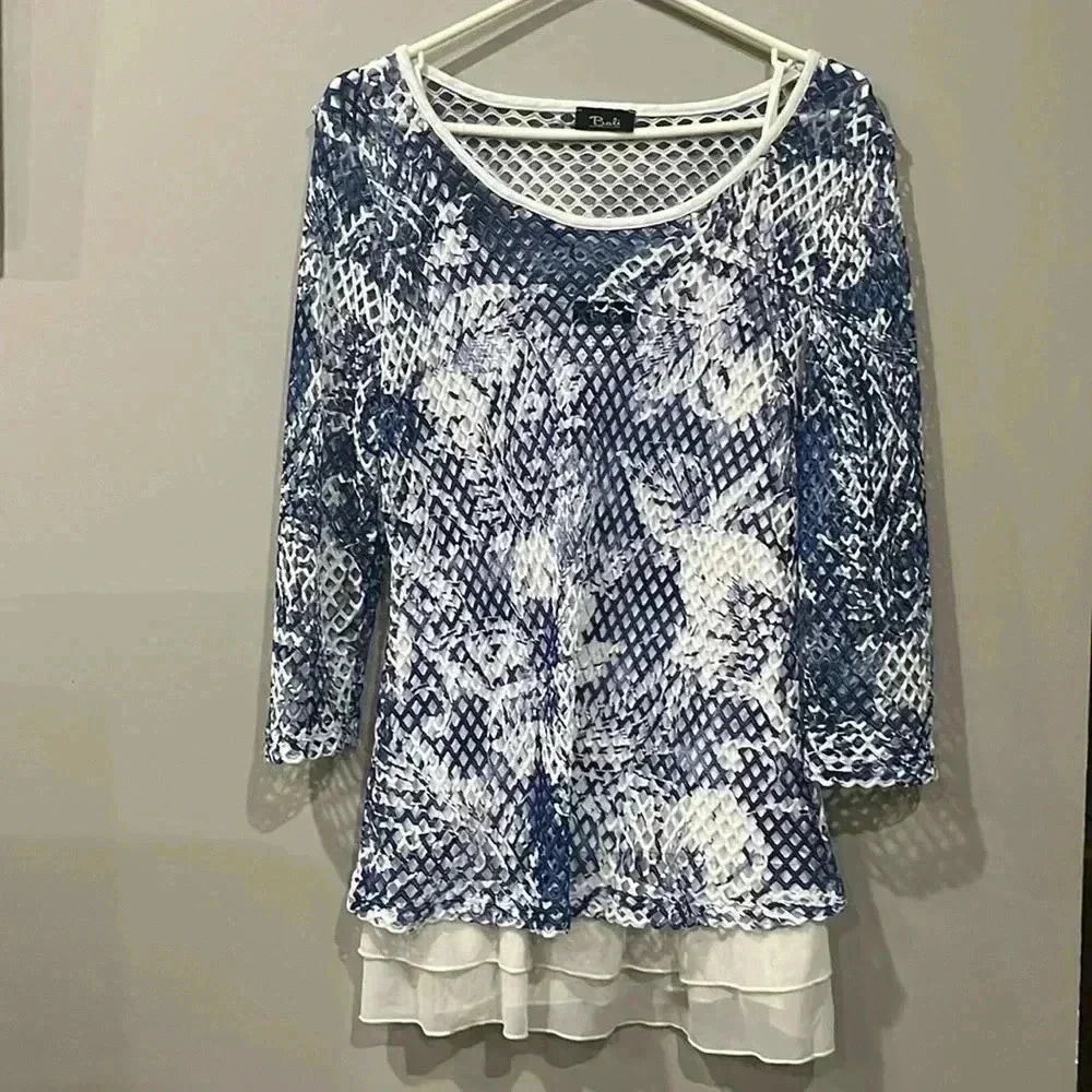 [M] Bali Corp  3/4 sleeve Blouse Layered made in Canada Blue White Mesh